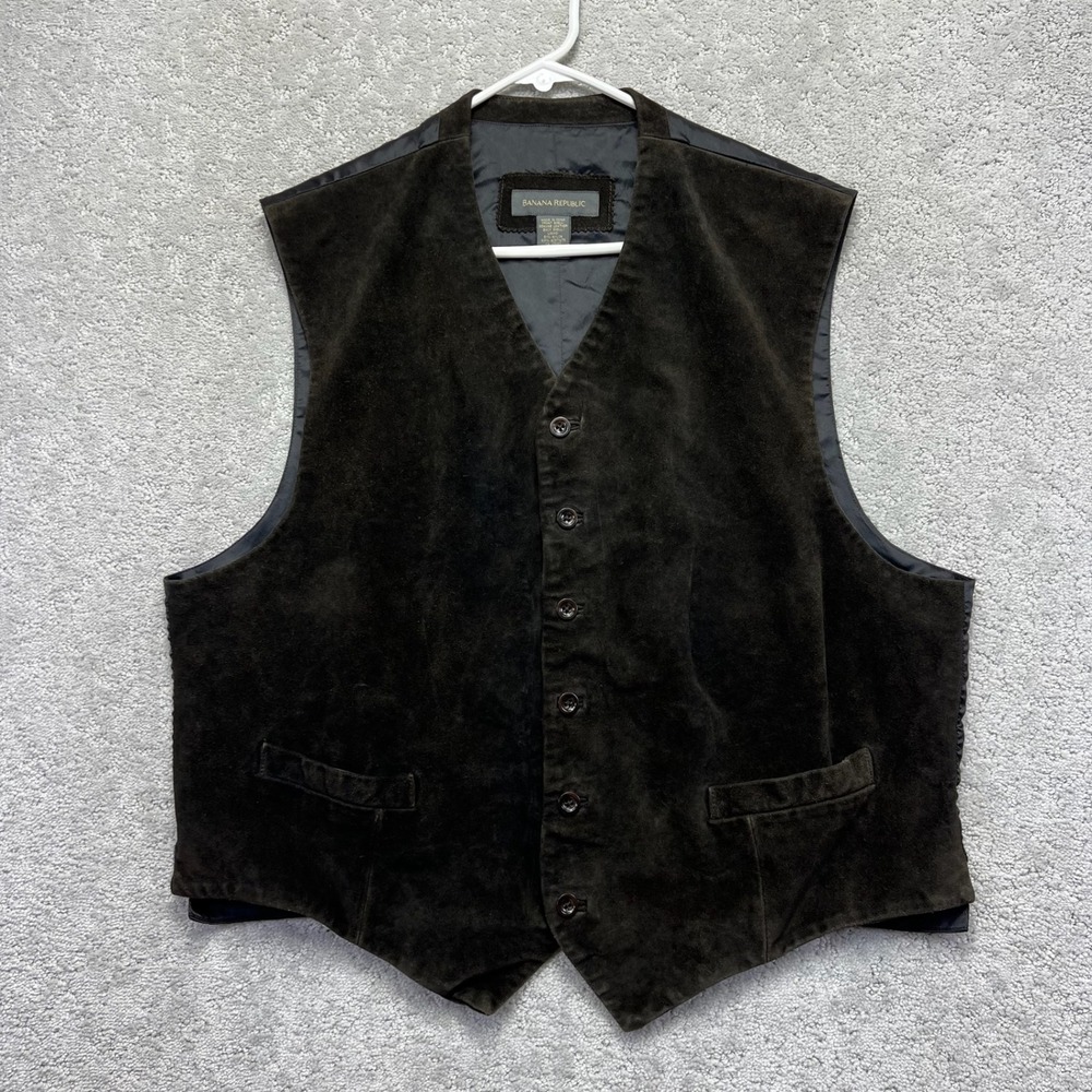 Banana Republic Vest Mens XL Dark Brown Suede Leather Button Front Layering